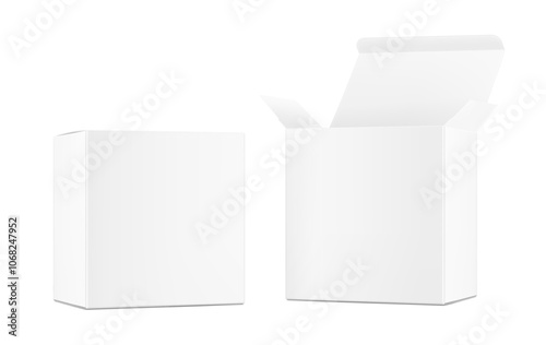 Realistic white open and closed paperboard box mockup. Vector illustration isolated on white background. Taking your 2D designs into 3D. Can be use for medicine, food, cosmetic and other. EPS10.