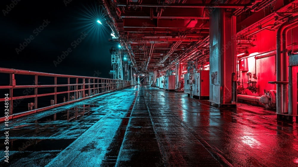 A dimly lit industrial corridor with reflective surfaces and colorful lighting effects. A dimly lit industrial corridor with reflective surfaces and colorful lighting effects.