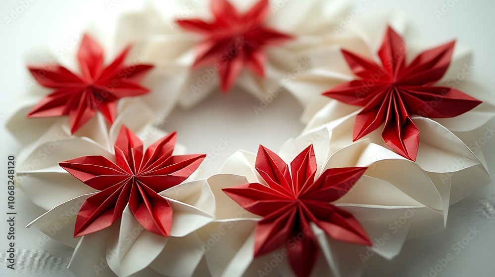 Close-up of an intricately folded origami wreath with alternating red and white accents, displayed on a smooth, simple background, Close-up of an intricately folded origami wreath with alternating red and white accents, displayed on a smooth, simple background,