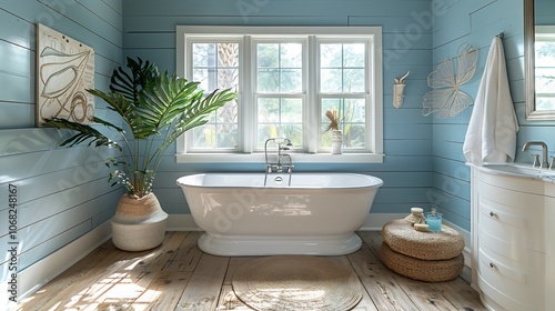 Coastal bathroom interior light blue walls white shiplap accents nauticalthemed decor for a refreshing seaside retreat photo