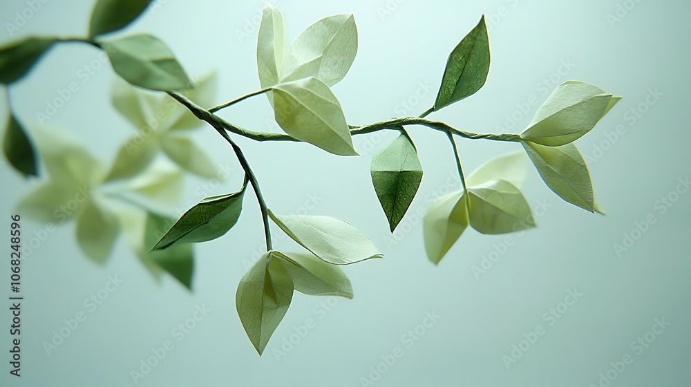 Close-up of an origami mistletoe hanging from above, displayed against a simple white background, showing detailed paper folds and soft lighting that casts gentle shadows for a festive touch. Close-up of an origami mistletoe hanging from above, displayed against a simple white background, showing detailed paper folds and soft lighting that casts gentle shadows for a festive touch.