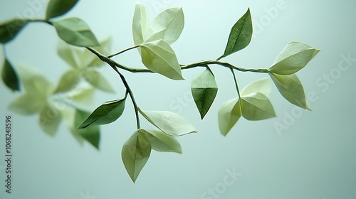 Close-up of an origami mistletoe hanging from above, displayed against a simple white background, showing detailed paper folds and soft lighting that casts gentle shadows for a festive touch.