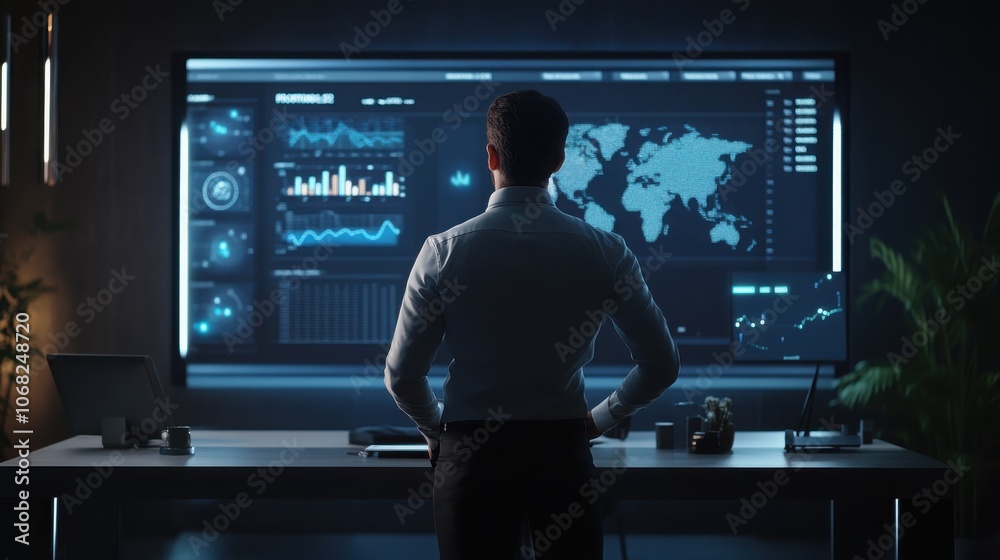 Realistic 3D image of a businessperson with intense focus, looking at a large screen displaying strategic goals and performance metrics in a sleek office environment Realistic 3D image of a businessperson with intense focus, looking at a large screen displaying strategic goals and performance metrics in a sleek office environment