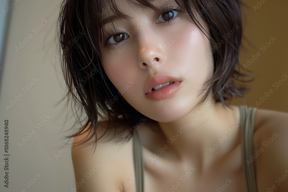 キャミソールを着た大人の魅力が漂うショートカットの女性 キャミソールを着た大人の魅力が漂うショートカットの女性