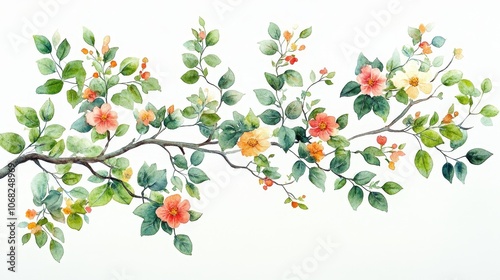 The folk art style flat watercolor painting depicts beautiful wildflower branches and delicate green leaves, with a pure white background. Soft colors and meticulous details complement each other.