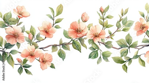 The folk art style flat watercolor painting depicts beautiful wildflower branches and delicate green leaves, with a pure white background. Soft colors and meticulous details complement each other.