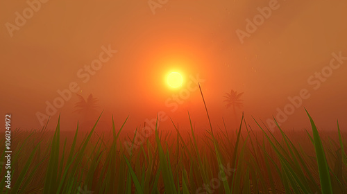 A fiery orange sunset with palm trees in the distance, as seen through a field of long grass.