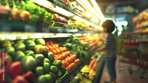 A child is reaching for fresh fruits in a grocery store aisle filled with colorful produce on well-stocked shelves, highlighting a vibrant shopping experience for food industry.