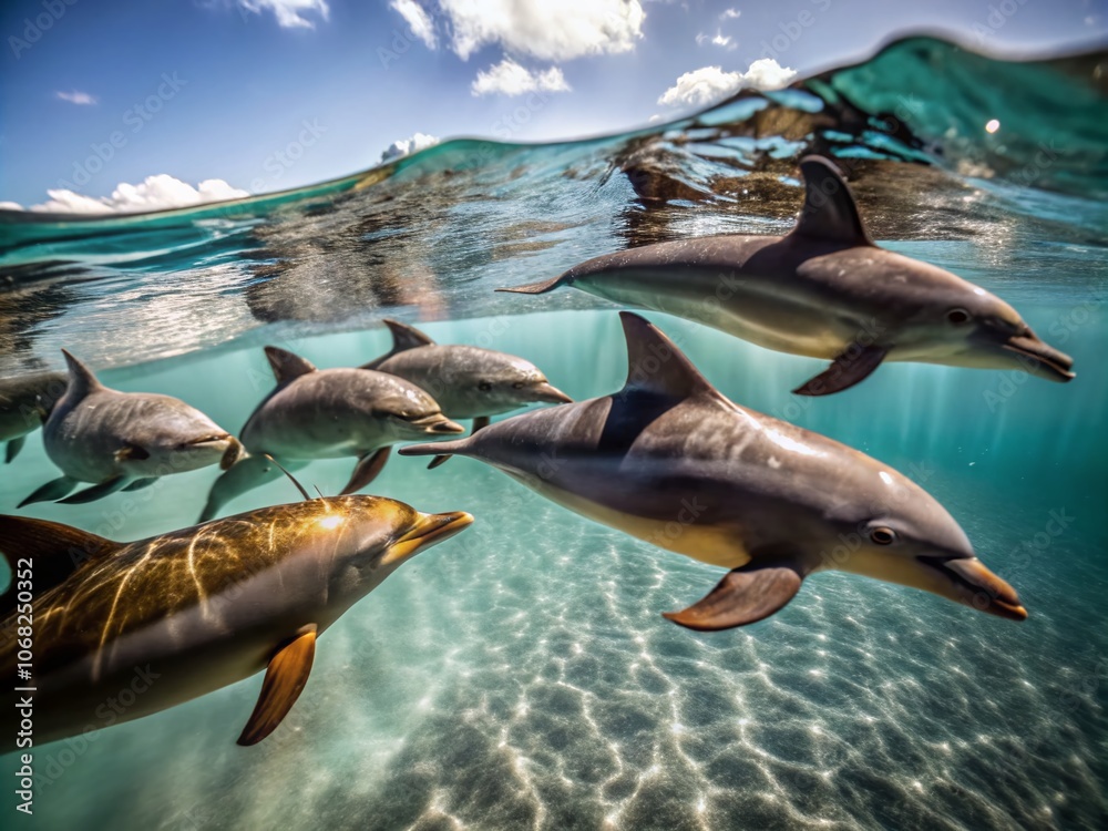 Fototapeta premium Breathtaking Aerial View of Dolphins Swimming in Crystal Clear Waters Captured by Drone Photography, Showcasing the Graceful Movement and Natural Habitat of Marine Life