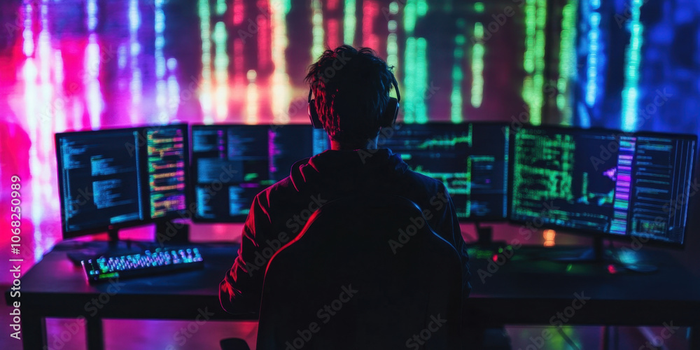 person is immersed in programming, surrounded by multiple screens displaying colorful code and data. vibrant lights create dynamic atmosphere, enhancing focus on coding and technology