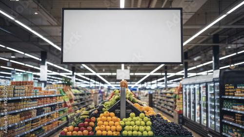 Supermarket Aisle with Blank Display Screen for Ad Mockup – Grocery Store Background with Customers and Vibrant Fruit Shelves