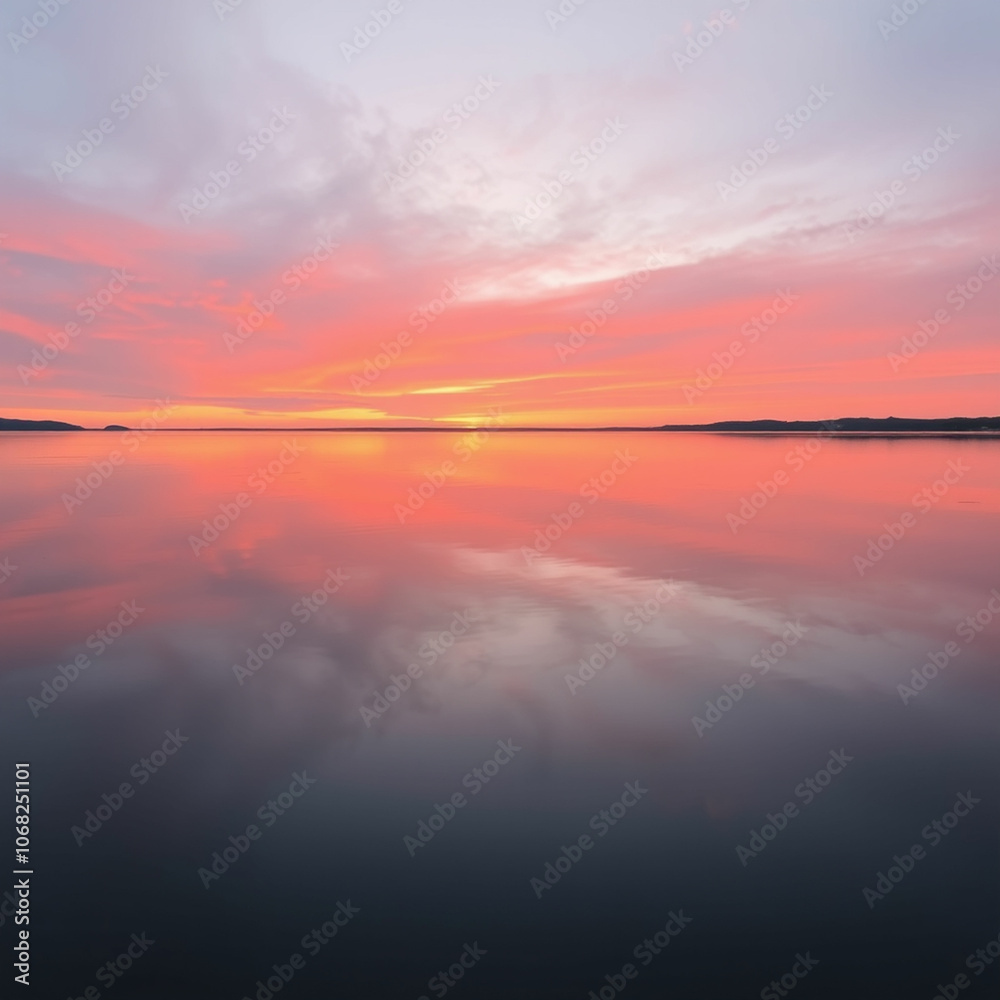 Fototapeta premium A tranquil lake reflecting a sunset with vibrant hues