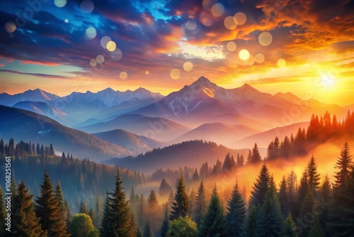 Breathtaking Art Illustration of a Vibrant Sun Setting Over Majestic Mountains with a Soft Bokeh Effect Enhancing the Scenic Beauty of Nature's Splendor and Tranquility