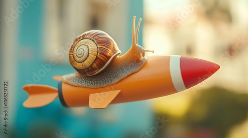 A snail riding a rocket in the sky. The snail is a symbol of slowness, while the rocket is a symbol of speed. This image can represent the idea of moving forward, even if it's at a slow pace. photo