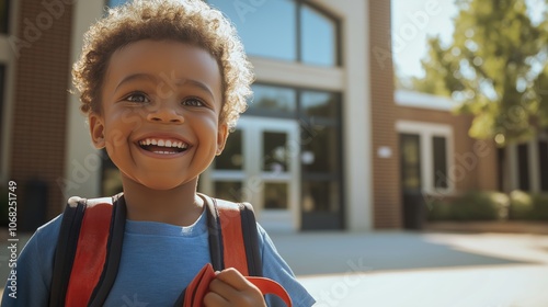 With a radiant smile, a young boy stands outside his school, holding his backpack, eager for a day filled with new adventures and friendships under the warm sunlight.