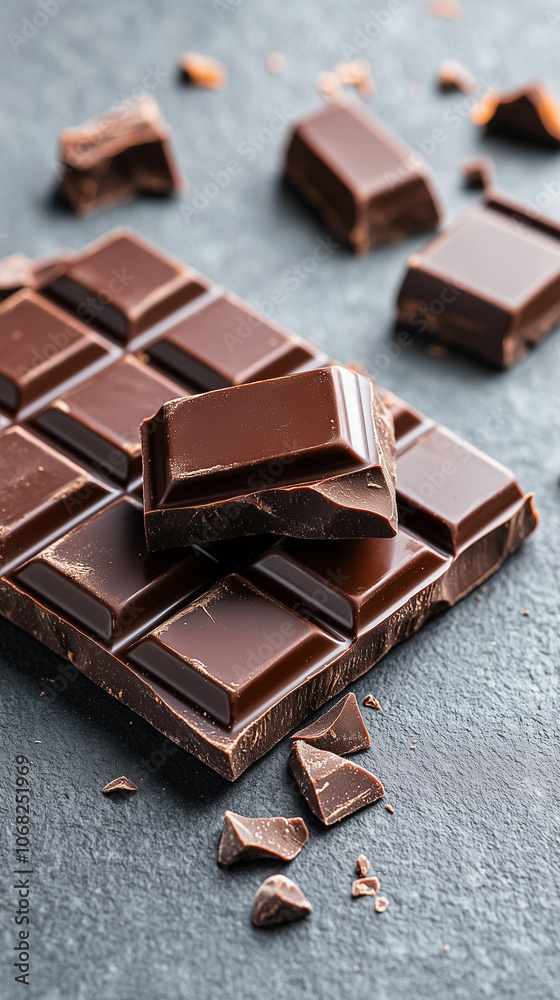 Dark chocolate chunks sit elegantly on a slate, showcasing their smooth texture and enticing shine Dark chocolate chunks sit elegantly on a slate, showcasing their smooth texture and enticing shine