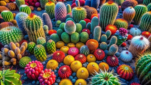 Aerial View of a Vibrant Cactus Colorburst Desertscape: A Macro Perspective Showcasing the Rich Textures and Colors of Prickly Pears and Succulents in a Dynamic Landscape