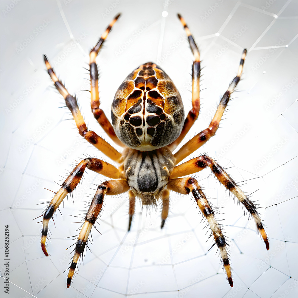 A close-up of a spider on its web against a white background,