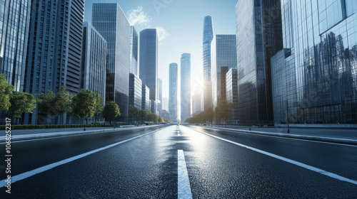 modern cityscape showcases wide roadway flanked by towering skyscrapers, reflecting sunlight and creating vibrant urban atmosphere