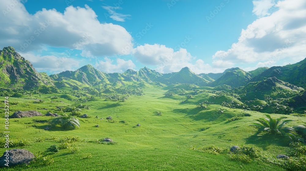 Fototapeta premium Lush green landscape with mountains and blue skies, evoking tranquility.