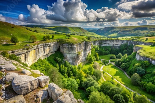 Breathtaking Malham Cove Panorama with Dramatic Limestone Scenery, Lush Greenery, and Open Sky Perfect for Travel and Nature Enthusiasts with Ample Copy Space photo
