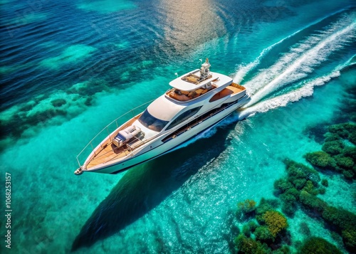 Luxurious Aerial View of a Yacht Sailing Through Crystal Clear Waters, Capturing the Essence of Yachting Lifestyle and Opulence on a Beautiful Sunny Day