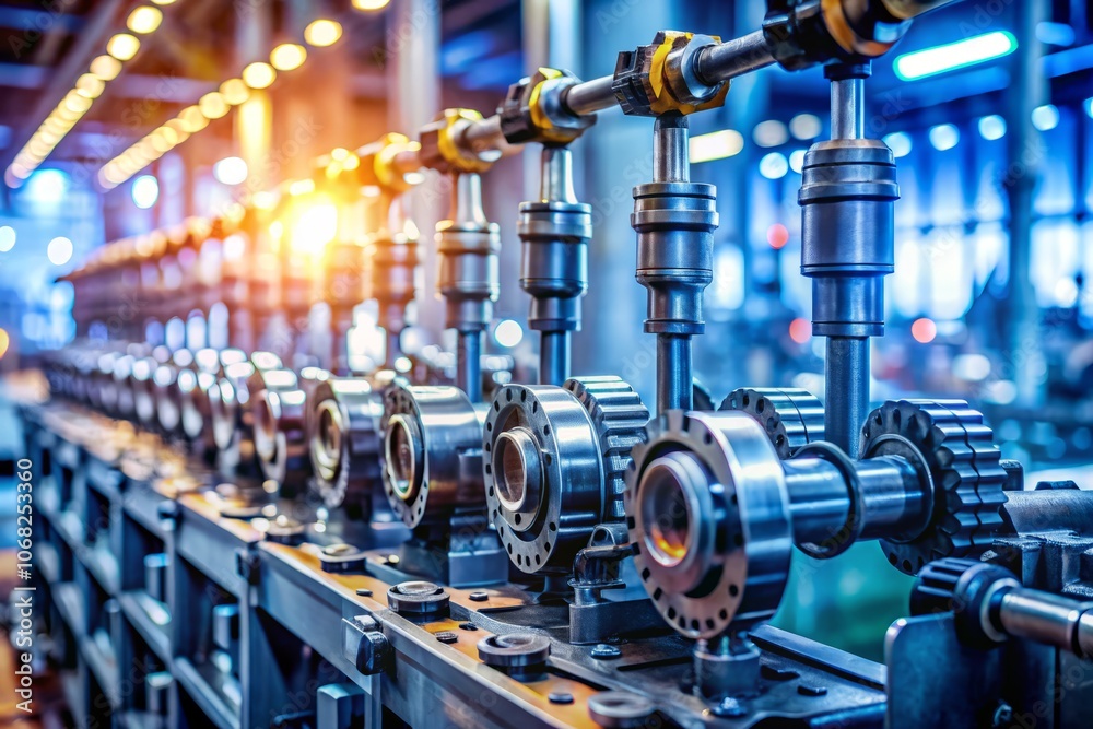 Automotive Engine Assembly Line with Bokeh Effect Featuring Crankshafts Ready for Assembly, Showcasing Precision Engineering and Manufacturing Techniques in a Modern Factory Setting Automotive Engine Assembly Line with Bokeh Effect Featuring Crankshafts Ready for Assembly, Showcasing Precision Engineering and Manufacturing Techniques in a Modern Factory Setting