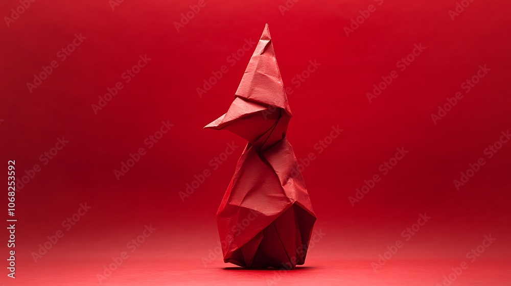 Single origami elf wearing a folded hat, placed centrally on a soft red backdrop, with detailed creases and clean lines illuminated by diffused light for a vibrant and festive look. --ar 16:9 Single origami elf wearing a folded hat, placed centrally on a soft red backdrop, with detailed creases and clean lines illuminated by diffused light for a vibrant and festive look. --ar 16:9