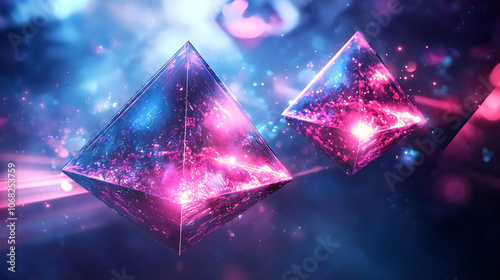 Floating holographic pyramids emitting vibrant light beams in space