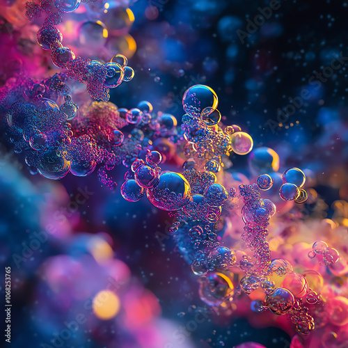 AI-driven analysis of millions of chemical compounds, visualized as swirling colorful data clouds forming and breaking apart, representing the vast possibilities in drug discovery photo