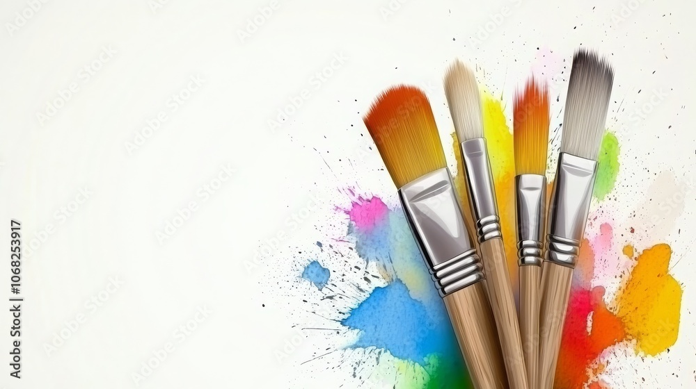 Fototapeta premium Artist's Studio with Multicolor Palette and Paintbrushes, Creating Abstract Art on Canvas