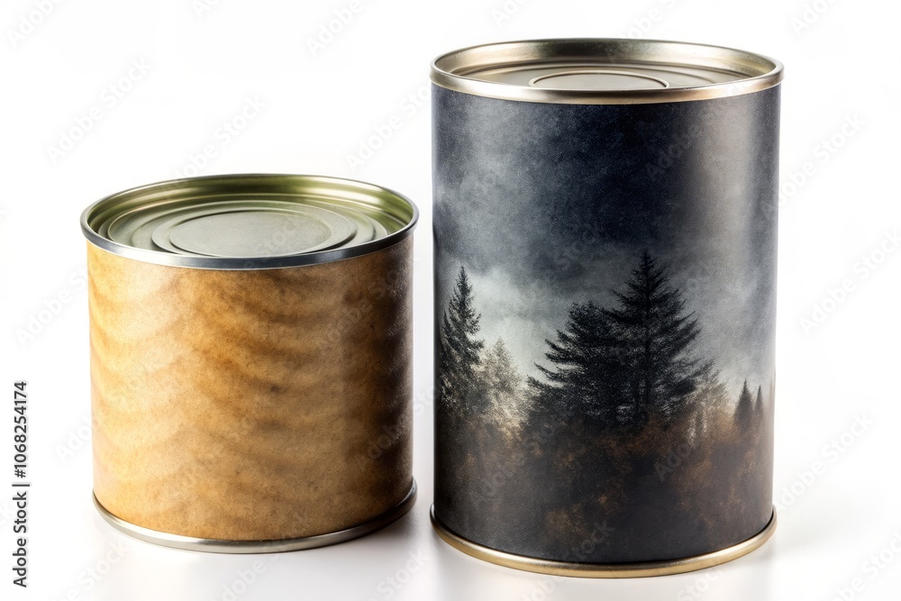 Black Kraft Paper Tube and Tin Can Double Exposure: Creative Isolated Still Life on White Background for Packaging and Design Use Black Kraft Paper Tube and Tin Can Double Exposure: Creative Isolated Still Life on White Background for Packaging and Design Use