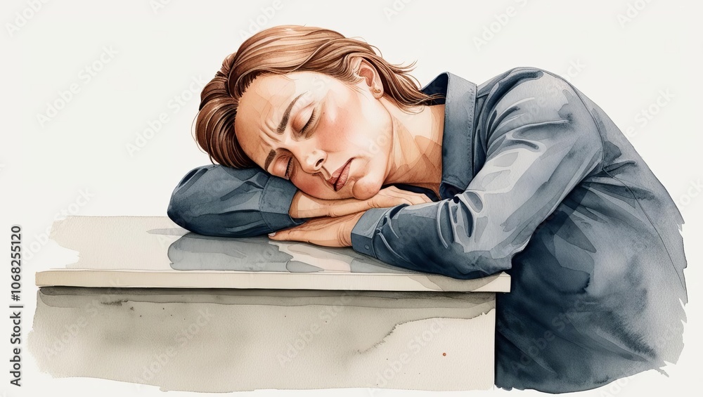 Woman Resting on Desk Amid Soft Watercolor Hues Woman Resting on Desk Amid Soft Watercolor Hues