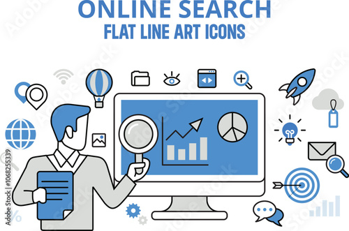 Online search results promotion SEO analytics promo concept flat line art icons.