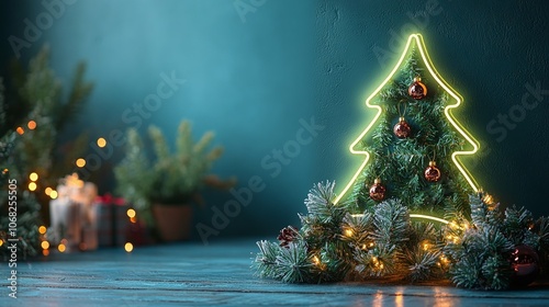 decor inretior christmas tree illuminated with green neon light, christmas tree shape on wall, with festive gifts, gerlland and balls, blue green fairy background, modern design interior