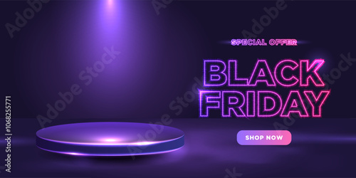 Black Friday neon banner with podium. Shop now.