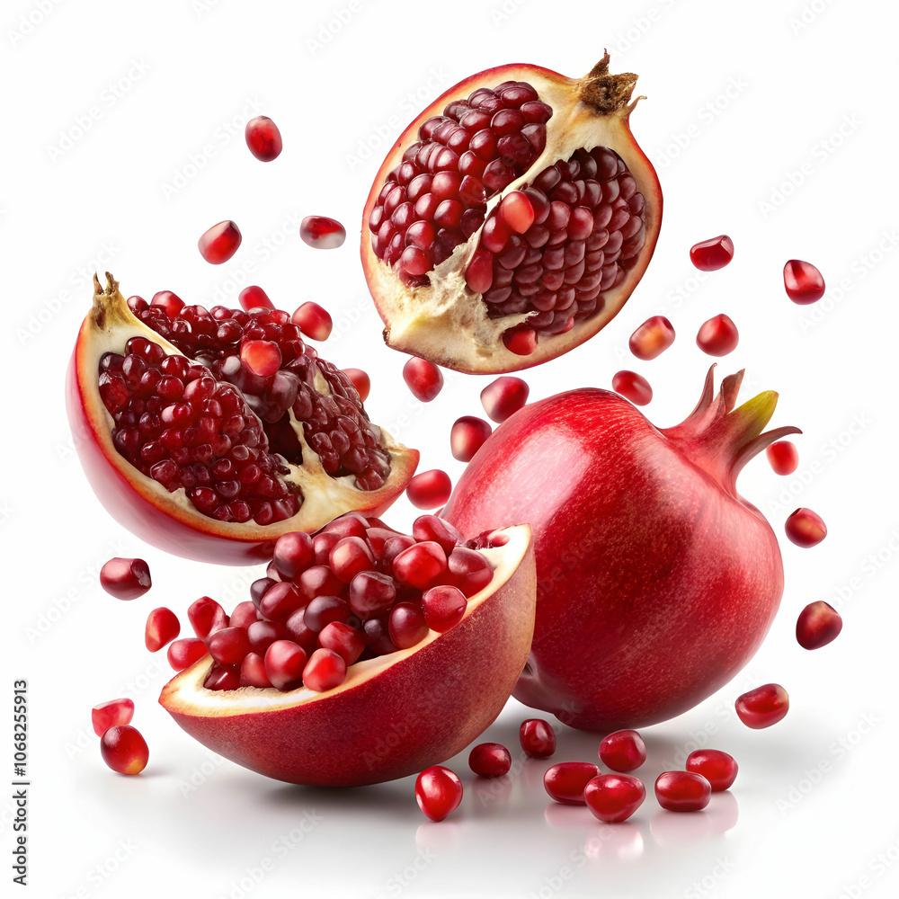 Exotic and delicious pomegranate seeds flying mid-air,