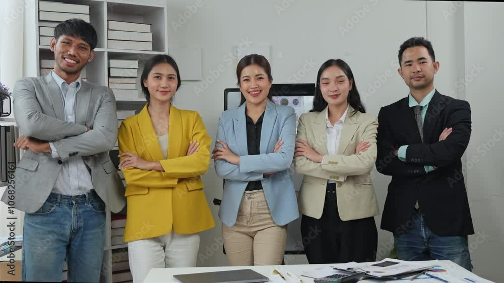 Group of successful young business professionals standing side by side Folding arms, smiling, holding hands, clapping, expressing congratulations. Achieve business success together within the office. Group of successful young business professionals standing side by side Folding arms, smiling, holding hands, clapping, expressing congratulations. Achieve business success together within the office.