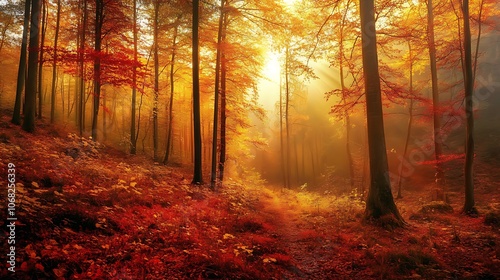 Autumn forest scene in the mountains during sunset, warm golden tones, rich colors of red and yellow leaves, breathtaking view, high detail