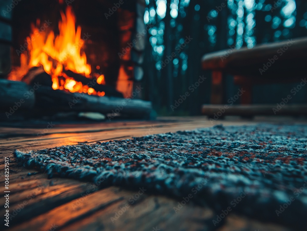 Cozy scene by a fireplace with a woven rug in a forest setting. Cozy scene by a fireplace with a woven rug in a forest setting.