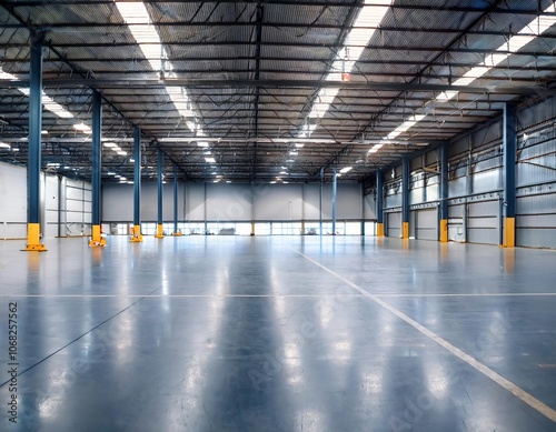 Empty warehouse floor reflecting light from ceiling windows