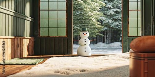 Snowman on a sunny winter day seen through open sliding doors photo