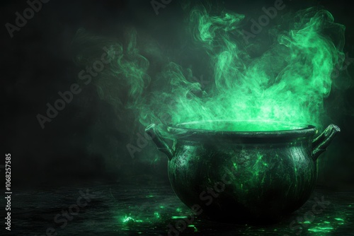 Glowing Green Cauldron Emitting Magical Smoke in Darkness 