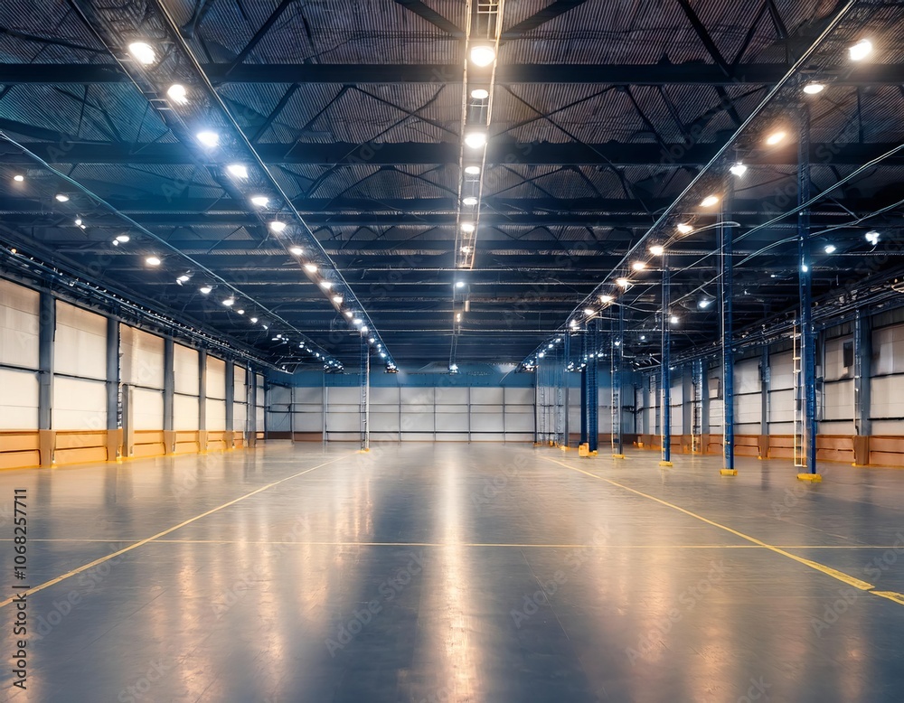 Empty warehouse interior with lights illuminating concrete floor Empty warehouse interior with lights illuminating concrete floor