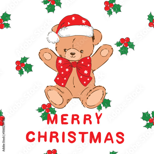 Hand drawn cute teddy bear Christmas vector illustration