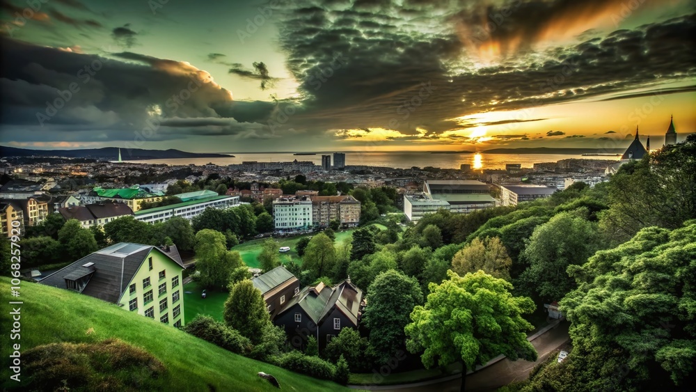 Fototapeta premium Breathtaking View of Skinnarviksbergen at Sunset with Scenic Nature and City Skyline, Captured Using the Rule of Thirds for Stunning Depth and Composition