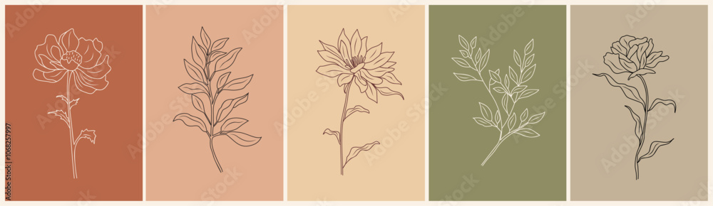 Naklejka premium Set of botanical line art drawings of Peony, November birth month flowers. Vector sketch isolated on terracotta colors backgrounds. Card, poster template.