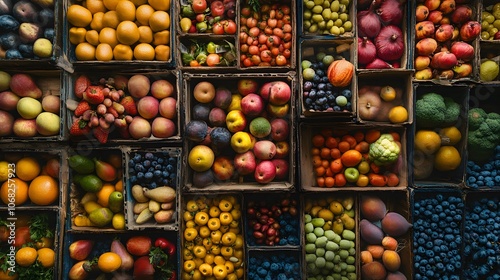 A Diverse Selection of Fresh Fruits and Vegetables in Wooden Crates