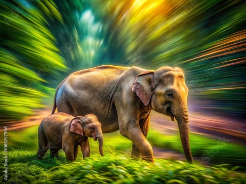 Majestic Mother and Baby Elephants at Bundala National Park in Sri Lanka, Captured in Long Exposure, Showcasing Their Bond Amidst the Natural Beauty of the Wilderness photo