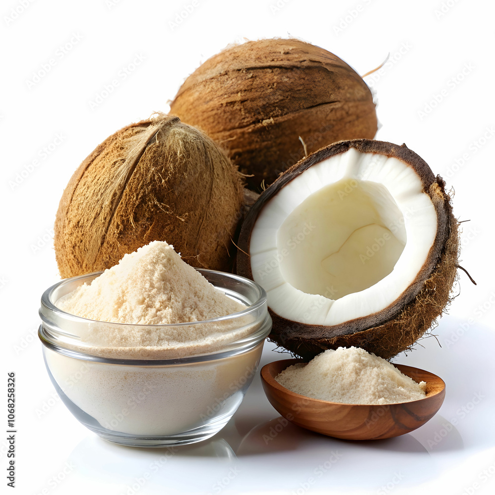 A glass of coconut milk set against a white background A glass of coconut milk set against a white background